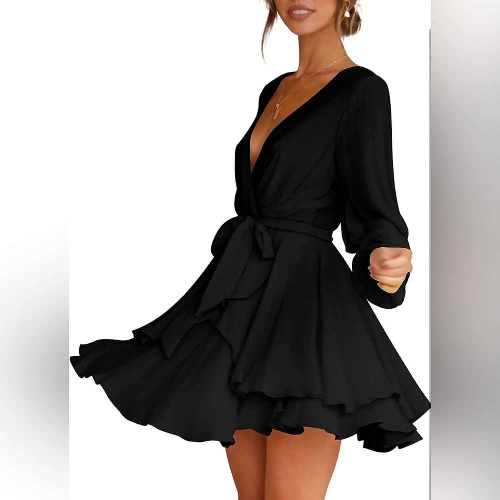 Elegant Black Fit & Flare Skater Dress/Wrap Dress - Large - Long Sleeve - Black - Picture 2 of 5